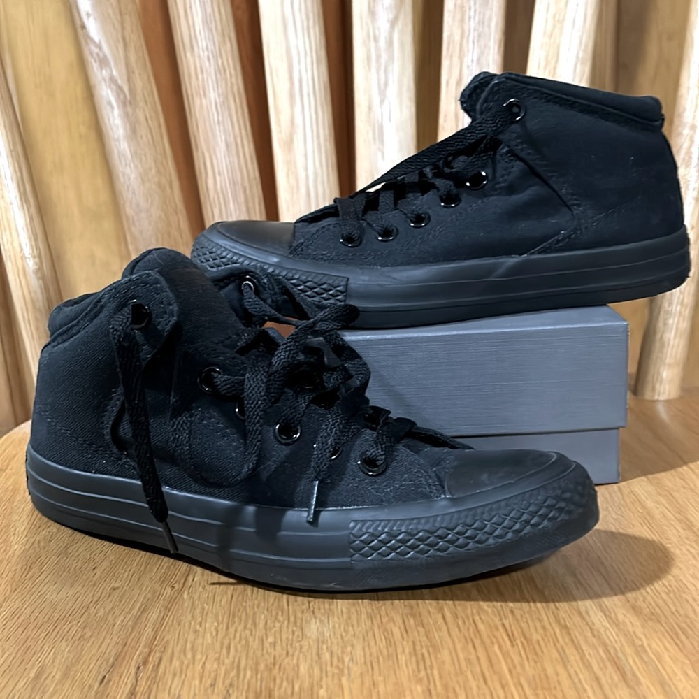 Converse black high tops.  Womens 7.  Mens 5.
